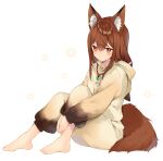  1girl :3 animal_ear_fluff animal_ears animal_hood bangs barefoot blush brown_hair commentary_request commission eyebrows_visible_through_hair fake_animal_ears feet full_body hair_between_eyes highres hood hood_down knees_up long_hair long_sleeves looking_at_viewer matsusaka_gyuu original puffy_long_sleeves puffy_sleeves red_eyes simple_background sitting skeb_commission solo starry_background tail toes white_background 