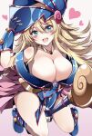 1girl bare_shoulders blonde_hair blue_footwear blush_stickers breasts cleavage dark_magician_girl duel_monster fingerless_gloves gloves hat highres huge_breasts revision solo staff thighs trista_(makkoivenus) wand wizard_hat yu-gi-oh! 