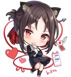  1girl :&lt; ace_of_hearts animal_ears arrow_(projectile) bangs black_dress black_hair black_legwear card cat_ears cellphone chibi closed_mouth club_(shape) collared_dress commentary dress english_commentary eyebrows_visible_through_hair folded_ponytail hair_ribbon heart hitsukuya kaguya-sama_wa_kokurasetai_~tensai-tachi_no_renai_zunousen~ kemonomimi_mode long_sleeves looking_at_viewer parted_bangs phone phone_with_ears playing_card red_eyes red_ribbon ribbon shinomiya_kaguya shoes signature simple_background socks solo white_background white_footwear 