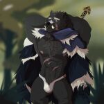  abs anthro blaidd_(elden_ring) body_hair bulge canid canine canis cape chest_tuft clothed clothing elden_ring fangs fromsoftware fur grey_body grey_fur hands_behind_head happy_trail havick_(artist) hi_res jockstrap male mammal melee_weapon muscular muscular_anthro muscular_male outside pecs raining scar skimpy solo standing sword tuft underwear video_games weapon wolf 