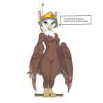 2022 accipitrid accipitriform anthro avian beak bird bown_feathers breasts digital_media_(artwork) eagle english_text feathered_wings feathers featureless_breasts featureless_crotch female foxmode non-mammal_breasts nude orange_eyes simple_background smile text white_background wings 
