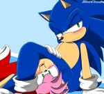  amy_rose anthro blue_background blue_body blue_fur blue_skin bluecloud blush clothing dress duo embarrassed eulipotyphlan female floor fur hedgehog hi_res male male/female mammal nervous-girl pink_body pink_fur red_clothing scared scissor_hold sega simple_background size_difference sonic_the_hedgehog sonic_the_hedgehog_(series) thick_thighs 