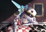  1girl absurdres black_ribbon blue_archive blue_eyes blurry board_game cherino_(blue_archive) chess chess_piece chessboard coat depth_of_field eyebrows_visible_through_hair fake_facial_hair fake_mustache gloves gun hair_ribbon halo hat highres holding holding_chess_piece indoors kogane_ringo light_particles light_rays long_hair long_sleeves looking_to_the_side military_hat nagant_m1895 picture_frame revolver ribbon shako_cap solo sunbeam sunlight table two_side_up weapon white_coat white_gloves white_hair white_headwear 