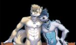  2022 abs anthro black_background blue_body blue_fur blue_hair canid canine canis digital_media_(artwork) domestic_dog eyewear foxmode fur glasses green_eyes hair hi_res male mammal nude simple_background smile white_body white_fur 