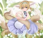  1girl absurdres animal_ear_fluff animal_ears apron arknights bangs bare_arms bare_shoulders blonde_hair blue_hairband blush braid breasts bunnyjiry_(jirynyang) closed_mouth collarbone eyebrows_visible_through_hair flower fox_ears fox_girl fox_tail frilled_skirt frills green_eyes hair_between_eyes hair_rings hairband highres kyuubi lily_of_the_valley looking_at_viewer multiple_tails pantyhose purple_skirt shirt signature skirt sleeveless sleeveless_shirt small_breasts smile solo suzuran_(arknights) tail tail_hug twin_braids waist_apron white_apron white_background white_flower white_legwear white_shirt 