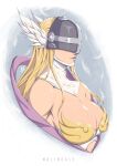  1girl angewomon artist_name blonde_hair breasts cleavage covered_eyes digimon digimon_(creature) feathers from_side helmet highres large_breasts long_hair mask nalindale portrait smile solo 