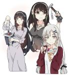  3girls black_hair breasts brown_eyes commentary contemporary dinergate_(girls&#039;_frontline) dress eyebrows_visible_through_hair food frown girls&#039;_frontline green_hair grey_eyes hair_ornament hair_ribbon hairband hairclip hammer headgear holding holding_clothes holding_food holding_hammer holding_panties holding_spoon holding_underwear ice_cream ice_cream_cone korean_commentary large_breasts m4a1_(girls&#039;_frontline) multicolored_hair multiple_girls panties price_tag ribbon robot sidarim simple_background sleeveless spoon streaked_hair svd_(girls&#039;_frontline) twintails type_95_(girls&#039;_frontline) underwear upper_body white_background white_hair white_panties yellow_eyes 