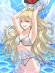  1girl absurdres adapted_costume armpits arms_up ball beach beachball bikini blonde_hair breasts brown_eyes cleavage cloud cloudy_sky collarbone commission day earrings eitri_(fire_emblem) fire_emblem fire_emblem_heroes highres holding holding_ball holding_beachball jewelry long_hair looking_at_viewer navel pocari66 ponytail sky small_breasts smile smug solo swimsuit teeth very_long_hair water white_bikini white_swimsuit 