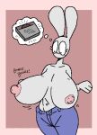  animal_humanoid anthro big_breasts blush bottomwear bouncing_breasts breasts clothed clothing denim denim_clothing female grey_body hi_res humanoid jeans lagomorph lagomorph_humanoid leporid leporid_humanoid looking_down mammal mammal_humanoid nipples pants qoolguyart rabbit rabbit_humanoid scale_(disambiguation) solo steel_(qoolguyart) surprised_expression topless 