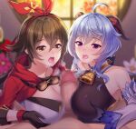  2girls ahoge amber_(genshin_impact) bangs bare_shoulders bell black_gloves blue_gloves blue_hair blurry blush bow breast_squeeze breasts brown_hair censored cleavage cleavage_cutout clothing_cutout depth_of_field detached_sleeves eyebrows_visible_through_hair flower ganyu_(genshin_impact) genshin_impact gloves goggles highres horns indoors large_breasts long_hair looking_at_another mosaic_censoring multiple_girls multiple_paizuri neck_bell nose_blush open_mouth paizuri penis pov purple_eyes red_flower reward_available saliva saliva_trail sidelocks tongue tongue_out tsukimi_kirara upper_body white_flower white_sleeves window 