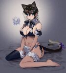  1girl :t afterimage animal_ears apron bangs bare_shoulders barefoot bed_sheet bell bikini black_bikini black_hair black_legwear black_ribbon blue_eyes blush breasts cat cat_ears cat_girl cat_tail cleavage detached_collar detached_sleeves flipped_hair front-tie_bikini front-tie_top full_body gloves grey_background hair_between_eyes jingle_bell large_breasts leg_garter looking_at_viewer maid_bikini navel neck_bell neck_ribbon on_bed original pout purple_ribbon ribbon shino_yoshihisa short_hair side-tie_bikini sitting skindentation solo string_bikini swimsuit tail tail_ornament tail_ribbon tail_wagging thighhighs v_arms waist_apron wariza white_apron white_gloves 