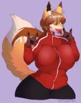  allysia_(killy) anthro big_breasts big_tail breast_squish breasts brown_hair canid canine digital_media_(artwork) dipstick_tail female fox gesture hair hi_res huge_breasts kemono kitsuneten looking_at_viewer mammal markings ponytail sharp_teeth slightly_chubby solo squish tail_markings teeth tongue tongue_out track_jacket track_pants 