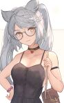  1girl :3 animal_ears arm_strap asaikeu bag bangs bare_shoulders bead_bracelet beads black_dress bracelet braid braided_bangs breasts camisole casual choker closed_mouth collarbone dress erune fraux glasses granblue_fantasy grey_hair hand_on_hip handbag head_tilt highres jewelry looking_at_viewer smile solo swept_bangs twintails yellow_eyes 