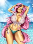  3:4 absurd_res anthro anthrofied ashimaroo big_breasts bikini breasts clothing equid equine eyewear eyewear_on_head female fluttershy_(mlp) friendship_is_magic hasbro hi_res mammal my_little_pony nipples side-tie_bikini solo sunglasses sunglasses_on_head swimwear translucent translucent_clothing 