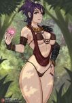  1girl artist_name bangs bikini black_hair breasts brown_eyes detached_sleeves dragon_age fingerless_gloves forest gloves hand_on_hip jewelry large_breasts looking_at_viewer magic morrigan_(dragon_age) nature necklace outdoors redjet short_hair single_detached_sleeve single_fingerless_glove solo standing swimsuit web_address 
