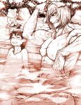  3boys abs blush collarbone commentary_request fate/grand_order fate_(series) fujimaru_ritsuka_(female) greyscale grin indian_style male_focus monochrome multiple_boys muscular muscular_male nude onsen open_mouth orion_(bear)_(fate) partially_submerged pectorals sakata_kintoki_(fate) short_hair sitting smile sunglasses tanishi_(tani4) teeth towel towel_on_head water wet 