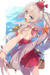  1girl bangs blue_eyes blush bracelet commentary_request crab echo_(circa) eyebrows_visible_through_hair fate/grand_order fate_(series) hair_between_eyes hair_ornament jewelry long_hair looking_at_viewer looking_back marie_antoinette_(fate) marie_antoinette_(swimsuit_caster)_(fate) open_mouth silver_hair solo solo_focus swimsuit twintails 
