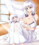  3girls absurdres azur_lane baby baby_carry bare_shoulders blue_eyes breasts carrying cleavage dress fake_wings family highres holding_baby huge_breasts if_they_mated illustrious_(azur_lane) indoors little_illustrious_(azur_lane) long_hair low_twintails mole mole_under_eye mother_and_child multiple_girls sitting twintails white_dress white_hair wings younger yuuutsu!!! 
