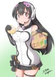  1girl african_penguin_(kemono_friends) animal_ears black_eyes black_gloves black_hair gloves kemono_friends kemono_friends_v_project long_hair looking_at_viewer multicolored_hair necktie shirt shoes simple_background skirt smile solo tail taurine_8000mg virtual_youtuber white_shirt 