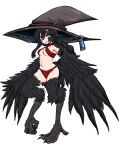  1girl absurdres animal_ears bare_shoulders bikini bird_ears bird_legs black_feathers black_wings blue_eyes borrowed_character breasts commentary_request commission facial_mark harpy hat_belt hat_ornament highres large_hat long_hair looking_at_viewer midriff monster_girl navel olsa_(oftintys) original red_bikini scar scar_across_eye sling_bikini_top small_breasts smile solo swimsuit talons transparent_background winged_arms wings 