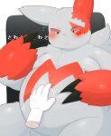  2022 absurd_res ai_only_dream anthro belly belly_squish black_claws blush claws cute_fangs disembodied_hand duo fur hand_on_stomach hi_res japanese_text looking_down multicolored_body multicolored_fur nintendo pink_nose pok&eacute;mon pok&eacute;mon_(species) red_body red_ears red_fur solo_focus squish teeth text two_tone_body two_tone_fur video_games zangoose 