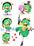  2girls absurdres blank_eyes futa_(nabezoko) green_eyes green_hair happy hat heart highres hug knife komeiji_koishi komeiji_satori multiple_girls people reiuji_utsuho reiuji_utsuho_(bird) short_hair smile touhou 