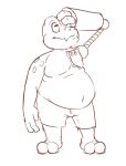  2022 2_toes 3_fingers amphibian anth0nybvnrab anthro biped bottomwear brown_and_white clothed clothing cybernetic_arm cybernetic_limb doug_the_frog feet fingers frog hand_on_head hi_res male monochrome navel overweight overweight_anthro overweight_male shorts simple_background sketch smile solo standing toes topless white_background 