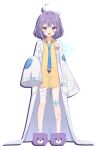  1girl ahoge bandaged_leg bandages bandaid bandaid_on_leg blue_eyes collared_shirt eyebrows eyebrows_visible_through_hair fang ghost labcoat nam_(nam990902) name_tag necktie official_art oversized_clothes purple_hair shirt short_hair slippers virtual_youtuber yumepercent 