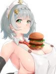  1girl absurdres bangs bare_shoulders braid breasts burger cleavage detached_sleeves eyebrows_visible_through_hair food genshin_impact green_eyes grey_hair headdress highres kntrs_(knyrs) large_breasts noelle_(genshin_impact) short_hair simple_background smile solo white_background 