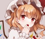  1girl bangs blonde_hair blush crystal eyebrows_visible_through_hair face flandre_scarlet food frilled_shirt_collar frills fruit grey_background hat highres holding holding_food holding_fruit looking_at_viewer mob_cap mumu-crown one_side_up open_mouth puffy_short_sleeves puffy_sleeves red_eyes red_vest shirt short_sleeves solo touhou upper_body vest white_headwear white_shirt wings wrist_cuffs 