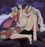  bare_legs barefoot black_hair blue_hair boa_hancock breasts cape cleavage earrings epaulettes feet female full_body hair_over_one_eye highres jewelry legs long_hair no_bra one_piece open_clothes panties pantyshot solo tamo_(tamokuteki_kuukan) tamo_space underwear white_panties 