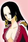  1girl amazon_lily black_hair boa_hancock breasts cape cleavage earrings female grey_eyes highres jacket jewelry long_hair one_piece red_jacket shichibukai solo 