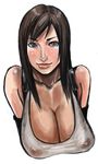  bare_shoulders breasts brown_eyes brown_hair cleavage female final_fantasy final_fantasy_vii long_hair nipples see-through shibusun shirt solo suspenders tifa_lockhart wet wet_clothes wet_shirt white_background white_shirt 