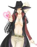  1girl amazon belt black_eyes black_hair boa_hancock breasts cleavage compression_artifacts dracule_mihawk dracule_mihawk_(cosplay) female hat heart highres jacket jewelry jpeg_artifacts lining long_hair necklace one_piece open_clothes open_shirt resized shichibukai shirt simple_background solo white_pants 