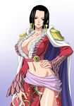  bb black_hair blue_eyes boa_hancock breasts cleavage coat earrings erect_nipples female gradient gradient_background hand_on_hip hand_on_leg highres hips jewelry large_breasts midriff navel nel-zel_formula nipples one_piece solo standing 