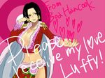  1girl amazon_lily black_hair boa_hancock breasts cape cleavage earrings female heart highres jacket jewelry long_hair long_skirt midriff monkey_d_luffy navel one_piece purple_eyes red_jacket shichibukai side_slit skirt solo standing text valentine 