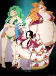  3girls amazon amazon_lily black_hair boa_hancock boa_marigold boa_sandersonia boots breasts brown_hair cape cleavage female green_eyes green_hair high_heels highres horns jacket long_hair long_skirt meissdes multiple_girls navel one_piece red_jacket salome_(one_piece) shichibukai shoes siblings side_slit sisters skirt skull snake 
