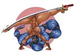  abs barefoot bb breasts cameltoe dark_skin feet female full_body large_breasts nipples solo source_request sword toe_grab toes weapon white_background 