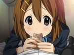  brown_hair brunette clothes erection fellatio hirasawa_yui k-on! oral penis precum school_uniform 