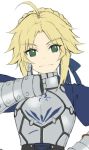  1girl ahoge armor armored_dress artoria_pendragon_(all) bangs blonde_hair blue_ribbon braid breastplate closed_mouth cosplay eyebrows_visible_through_hair fate/apocrypha fate/stay_night fate_(series) gauntlets green_eyes hair_ribbon hand_up highres juliet_sleeves long_sleeves looking_at_viewer mordred_(fate) mordred_(fate)_(all) parted_bangs puffy_sleeves ribbon saber saber_(cosplay) simple_background sketch smile solo tonee upper_body white_background 