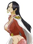  1girl amazon_lily black_hair boa_hancock breasts cape cleavage earrings female highres jacket jewelry long_hair one_piece red_jacket red_shirt shichibukai shirt simple_background solo white_background 