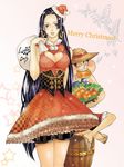  black_hair blush boa_hancock breasts butterfly christmas cleavage dress earrings eating food hat jewelry large_breasts long_hair meat monkey_d_luffy one_piece santa_costume santa_hat santa_suit straw_hat 