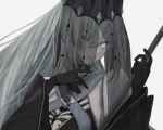 1girl ayn_ao12 black_gloves black_veil blue_eyes crown fate/grand_order fate_(series) gloves grey_hair hair_between_eyes long_hair looking_at_viewer morgan_le_fay_(fate) parted_lips solo veil white_background 