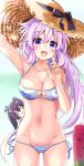  1girl adult_neptune breasts dress eyebrows_visible_through_hair giga-tera hat long_hair looking_at_viewer medium_breasts neptune_(series) open_mouth outdoors purple_eyes purple_hair shin_jigen_game_neptune_vii short_hair smile straw_hat swimsuit white_dress 