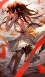  1girl absurdres bare_legs barefoot beach black_hair breasts dress hair_between_eyes hair_ribbon hand_in_own_hair highres kinoruru_toiro long_hair looking_at_viewer medium_breasts ocean open_mouth orange_eyes original partially_submerged ribbon smile standing teeth white_dress 