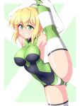  1girl akatsuki_kirika armpits blonde_hair breasts covered_navel flexible green_eyes green_leotard large_breasts leg_hold leg_lift leg_up leotard looking_at_viewer parted_lips senki_zesshou_symphogear shiny shiny_clothes shiny_hair shiny_skin short_hair skin_tight smile split standing standing_on_one_leg standing_split striped striped_legwear teeth thighhighs zetsumu 