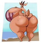  absurd_res anthro beach big_breasts big_butt bikini bikini_thong breasts butt cervid clothing female hi_res holding_butt huge_breasts huge_butt hyper hyper_breasts hyper_butt looking_at_viewer looking_back looking_back_at_viewer mammal peeble01 seaside solo swimwear thick_thighs 