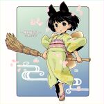  1girl animal_ears bangs black_eyes black_hair border broom broom_riding flip-flops fox_ears fox_girl fox_tail full_body holding holding_broom japanese_clothes kimono kukuri_(mawaru) long_sleeves looking_at_viewer mawaru_(mawaru) open_mouth original petals sandals short_hair solo tail toes white_border yellow_kimono 