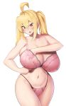  1girl ahoge bangs bare_shoulders blonde_hair blush bra breasts cleavage collarbone highleg highleg_panties highres huge_breasts kirome_(kamipaper) long_hair open_mouth orange_eyes panties pink_bra pink_panties saaya_(kirome) solo thighs twintails underwear 