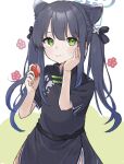  1girl absurdres animal_ear_fluff animal_ears bangs black_dress black_hair blue_archive blunt_bangs blush china_dress chinese_clothes commentary dress eating food fruit green_eyes hair_ribbon halo hand_on_own_cheek hand_on_own_face haruharu_sensei highres holding holding_food holding_fruit long_hair looking_at_viewer ribbon short_sleeves shun_(kid)_(blue_archive) smile solo strawberry tiger_ears tiger_girl twintails two-tone_background upper_body younger 